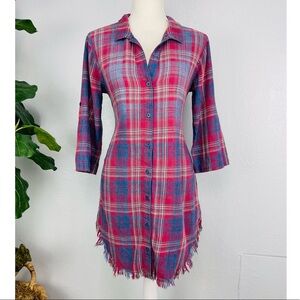 Cloth & Stone Blue Pink Red Plaid Mid Sleeve Raw Hem Button Down Tunic Dress